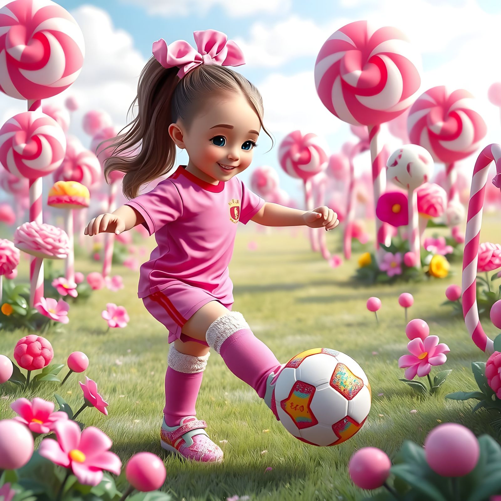 Whimsical Girl in Candy-Colored Soccer Scene