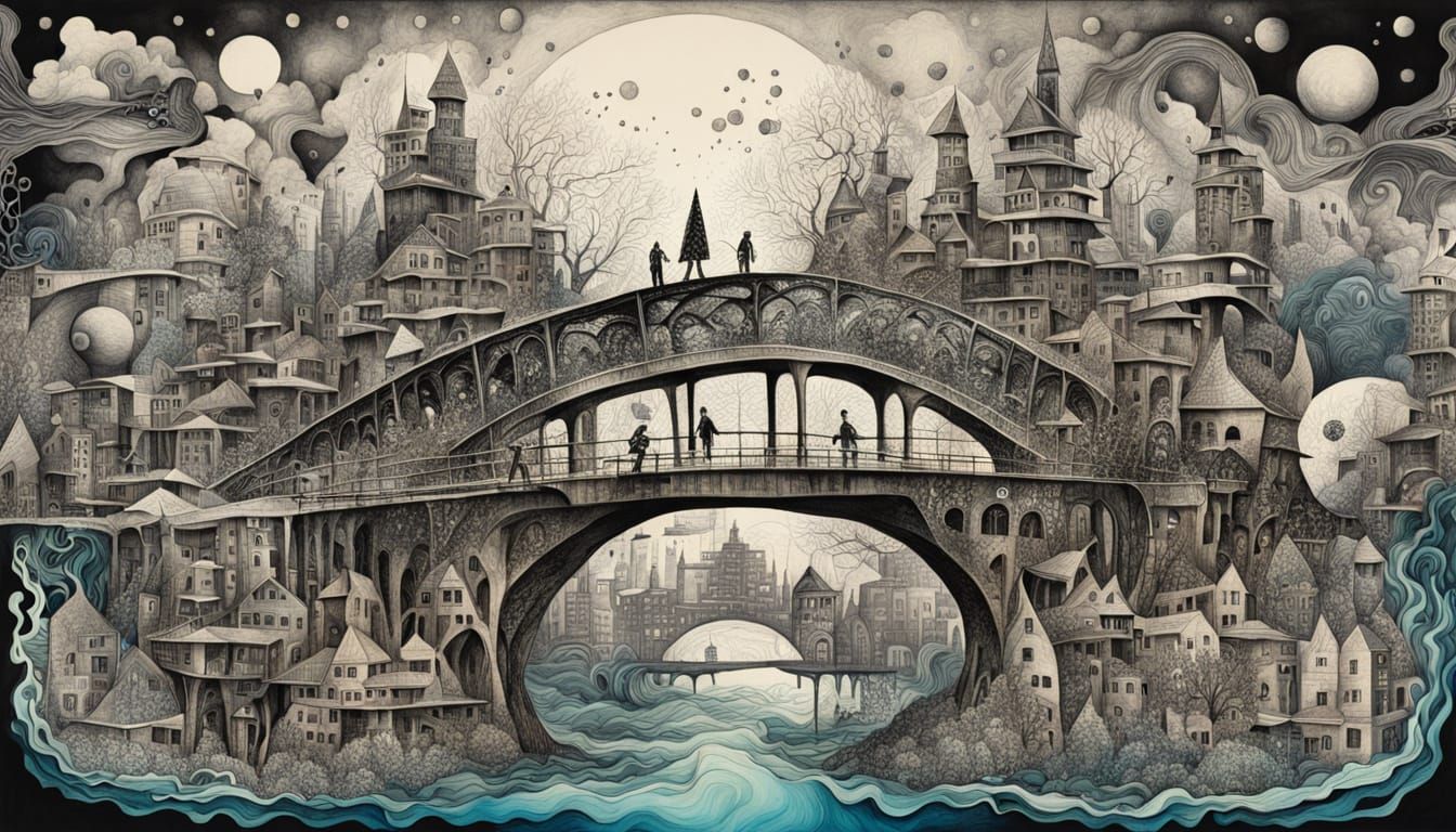 Surreal Mixed Media Artwork with Ink and Crosshatching