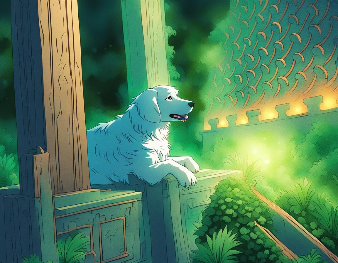Anime Dog on Mystical Pedestal in Manga Style