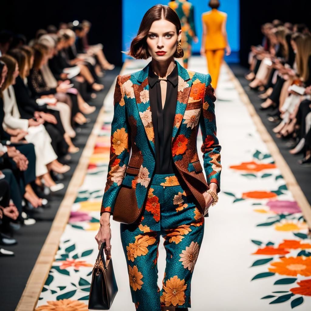 Runway Model Showcases Floral Evening Suit
