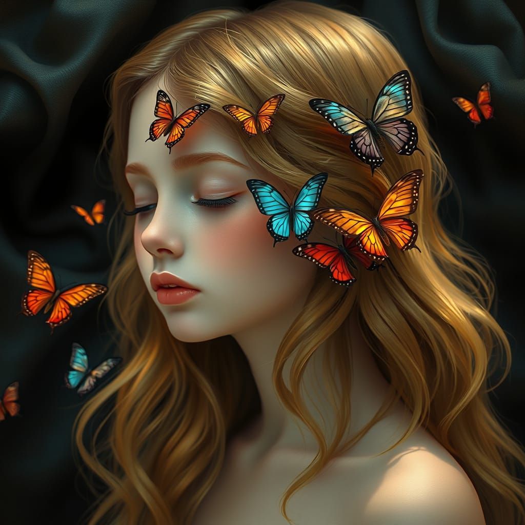 Serene Young Girl with Vibrant Butterflies in Golden Hues