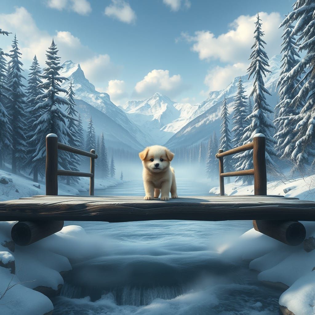 Majestic Puppy on a Winter Wonderland Bridge
