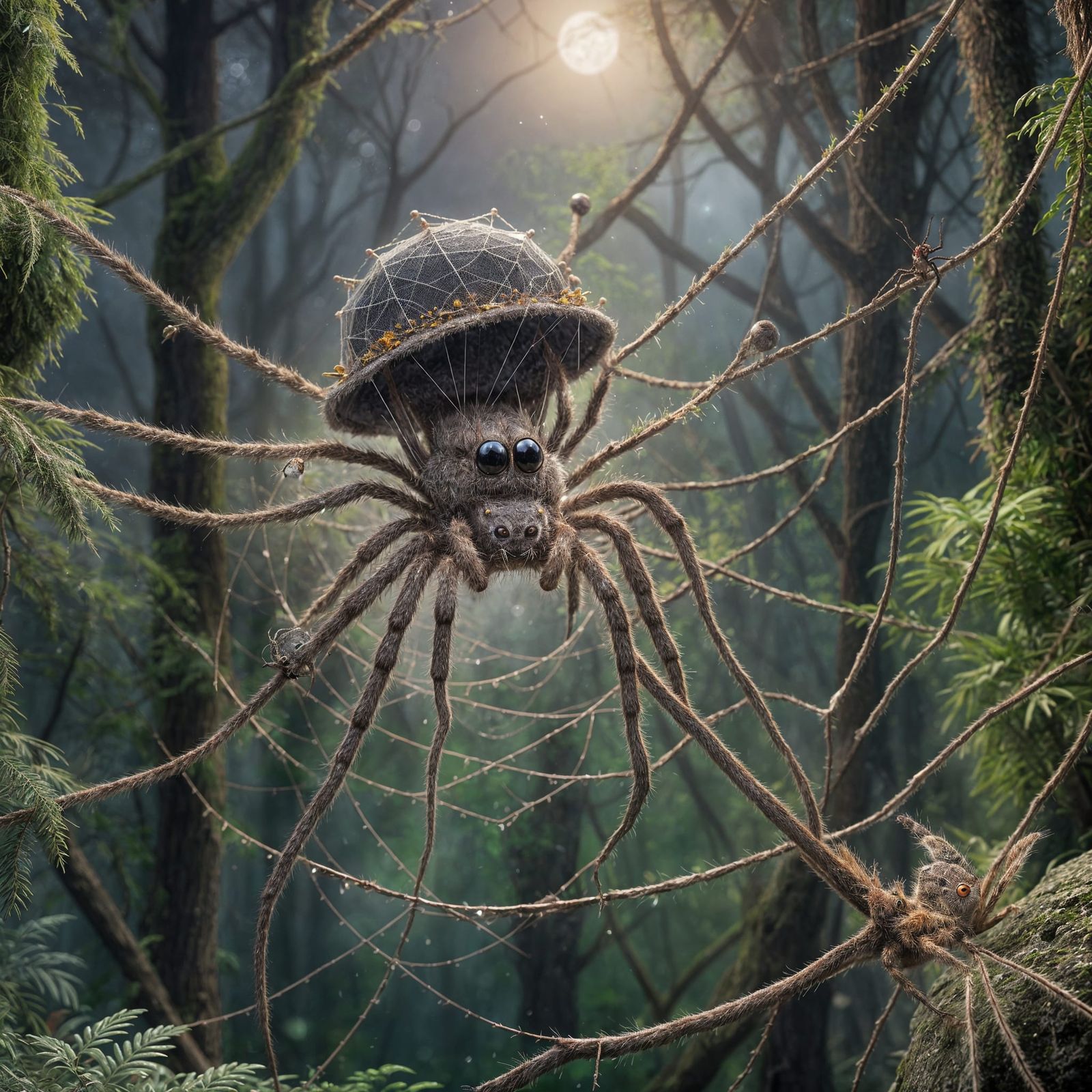 Fuzzy Spider with Hat in Moonlit Forest