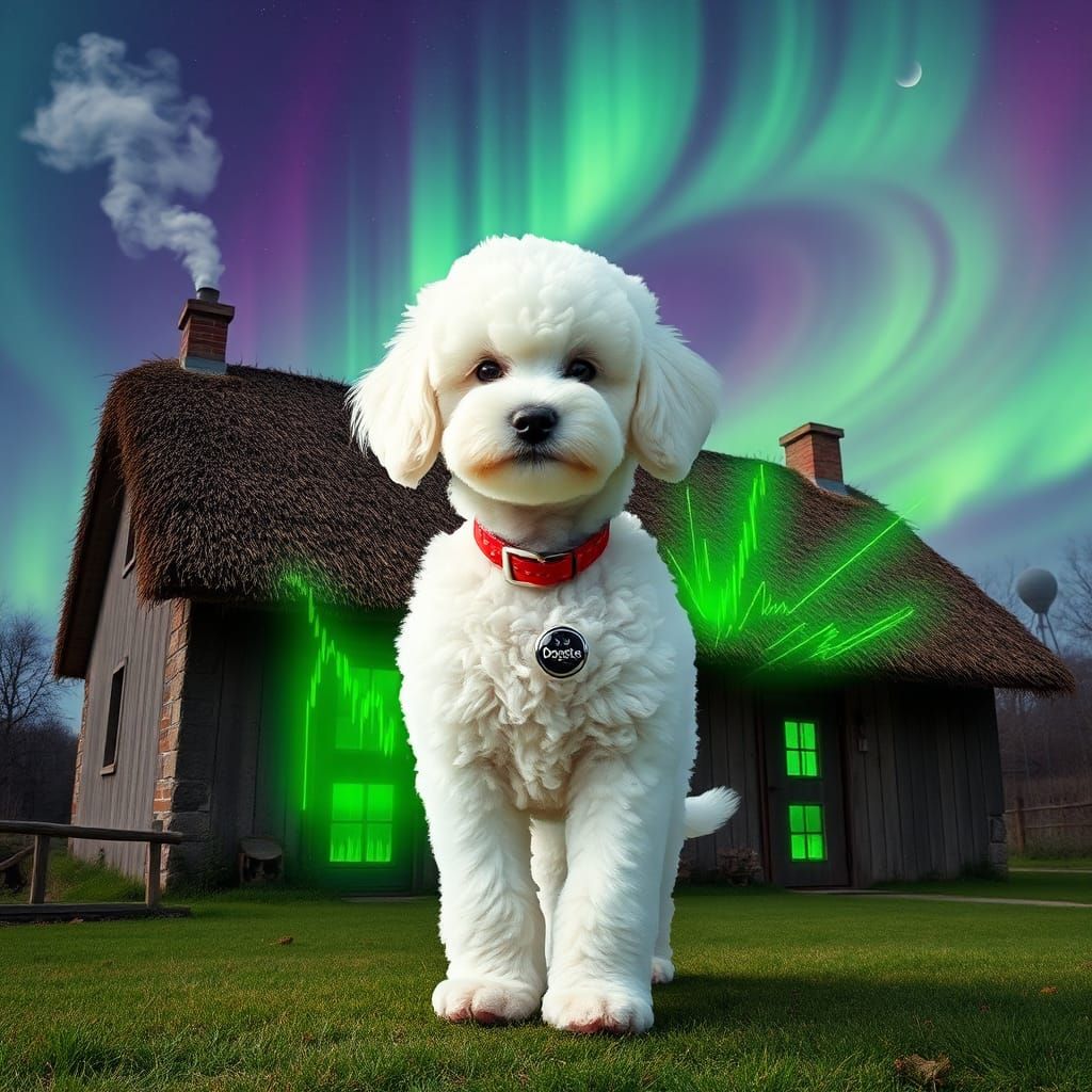 Poodle Puppy Standing Upright in Surreal Crypto Landscape