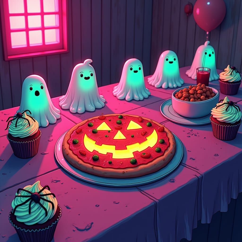 Synthwave Cartoon Halloween Party with Neon Treats