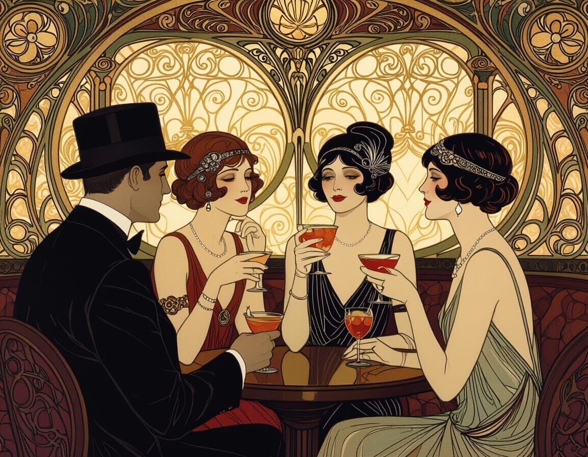 1920s Speakeasy Scene in Art Nouveau Style
