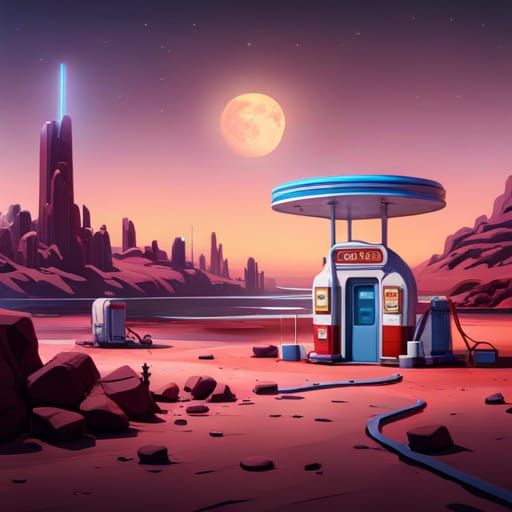 Retro Gas Station on Mars in Detailed Matte Painting