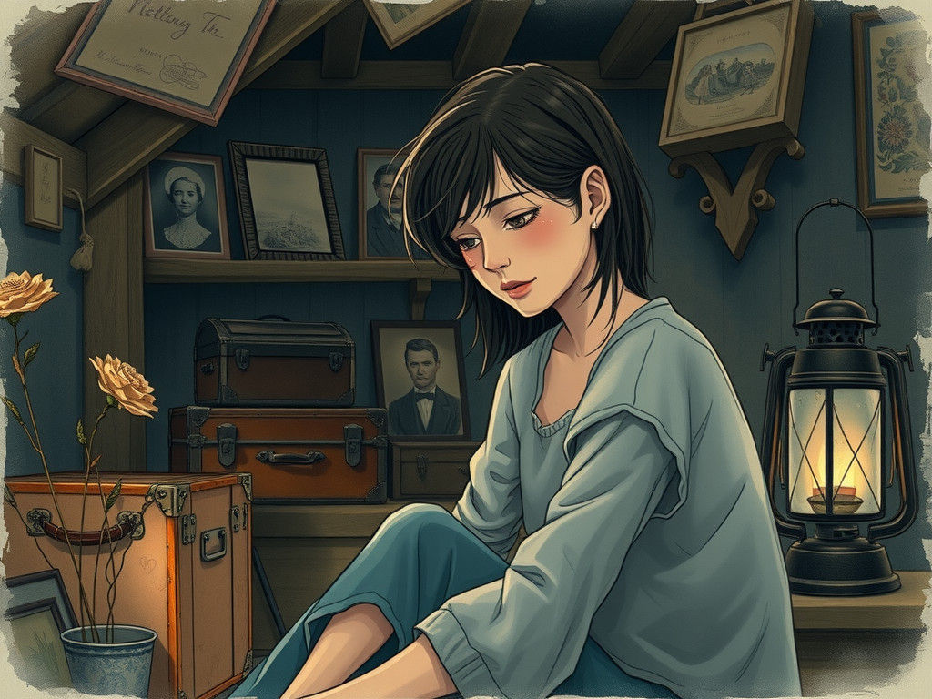 Melancholic Woman in Attic: Nostalgic Watercolor
