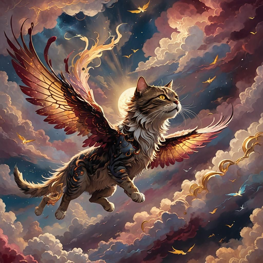 Flying Cat in Ethereal Dreamscape