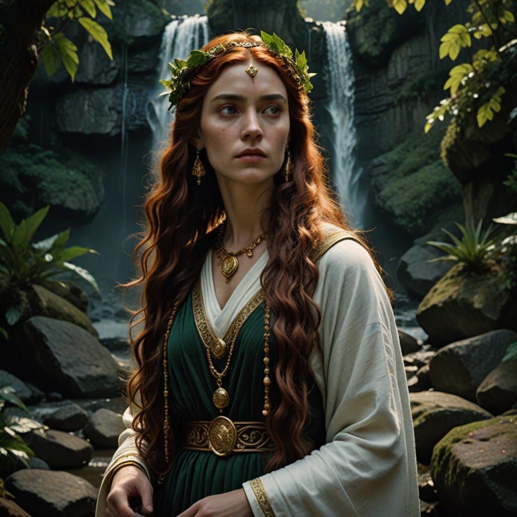 Roman Priestess in Majestic Attire with Golden Accents and E...