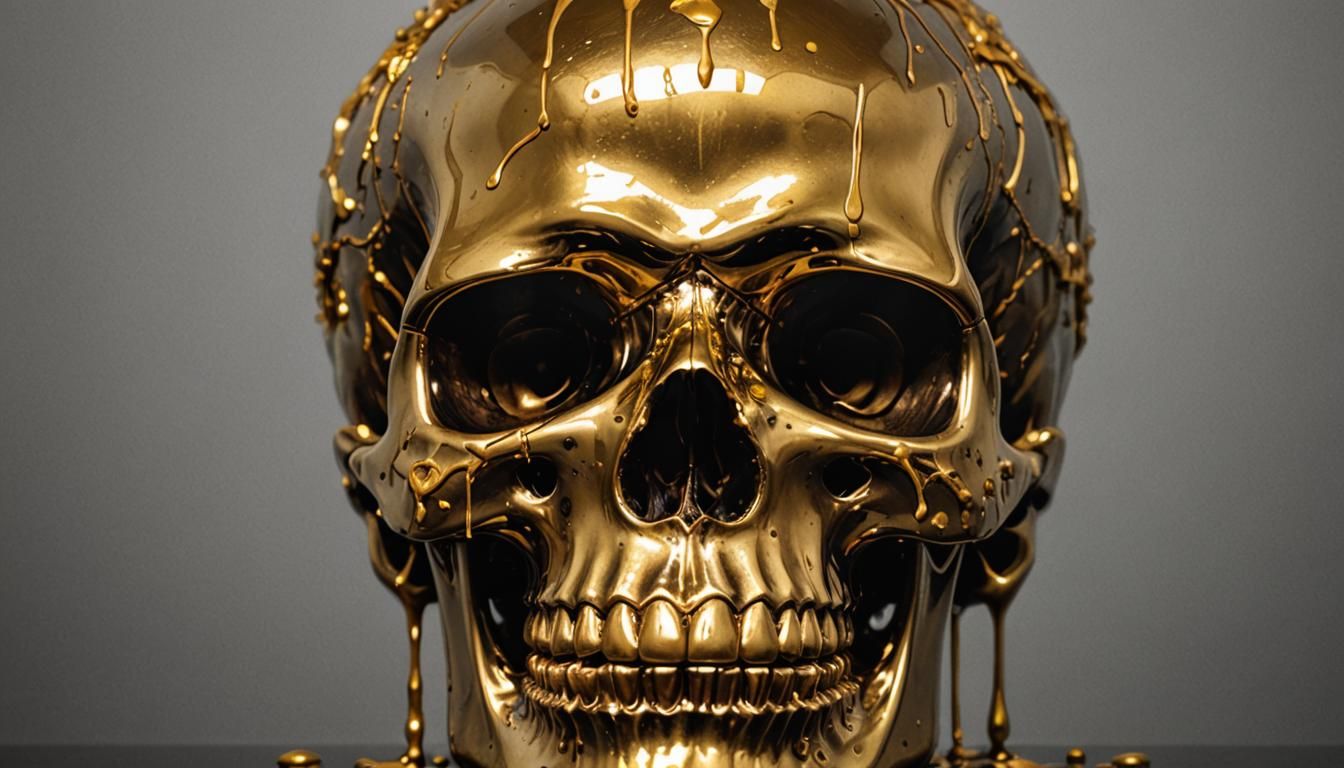 Gold Skull Dripping Gold Paint, Hyperrealistic Image