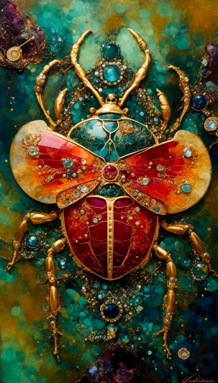 Clockwork Scarab Beetle with Gems on Cosmic Background
