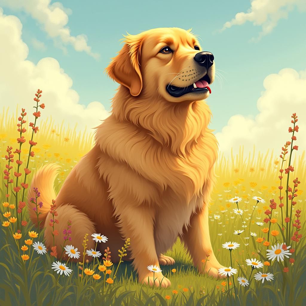 Golden Retriever in Sun-Drenched Meadow, Impressionistic Sty...