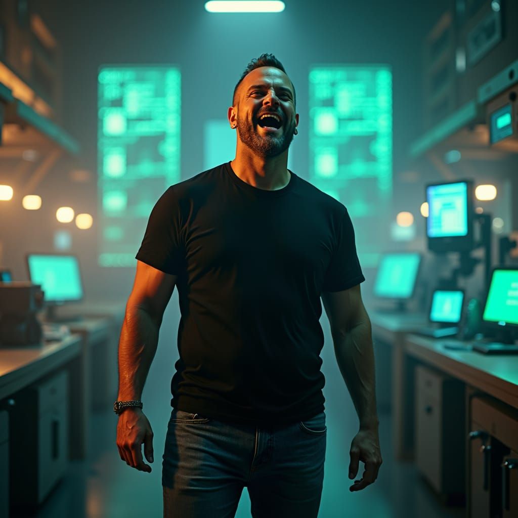 Laughing Man in Futuristic Cyberpunk Laboratory
