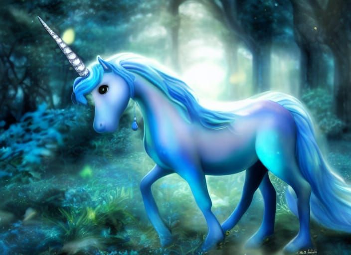 Enchanted Blue Unicorn in Fairytale Forest