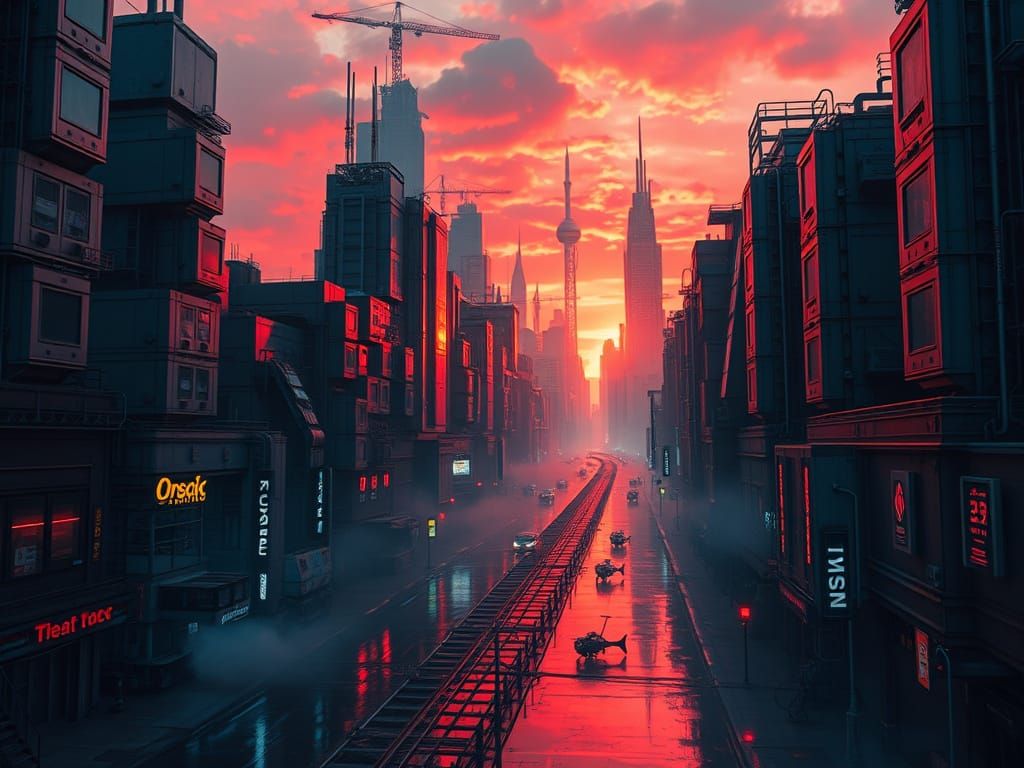 Cyberpunk Metropolis at Sunset with Neon Lights