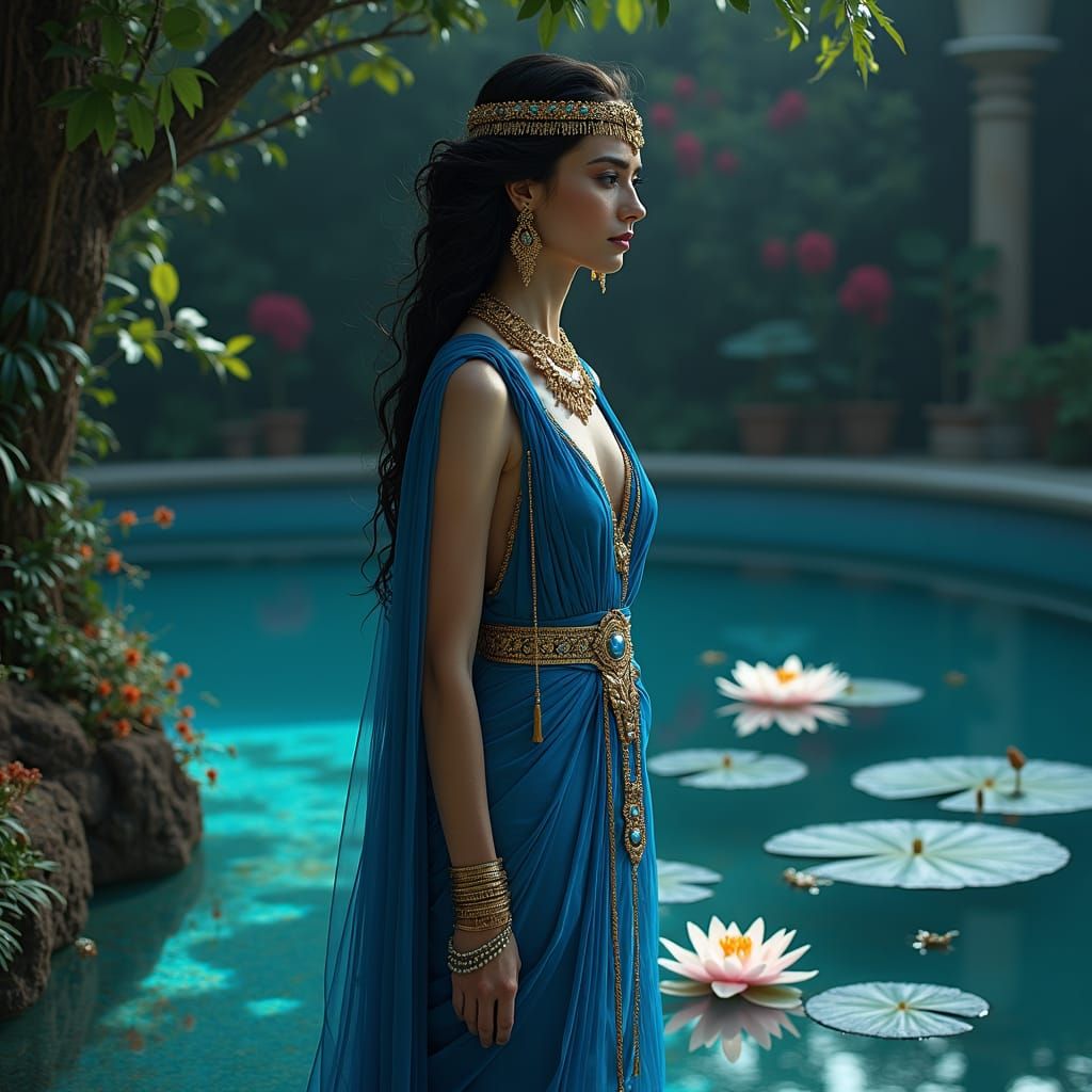 Elegant Egyptian Woman at a Glowing Midnight Pond