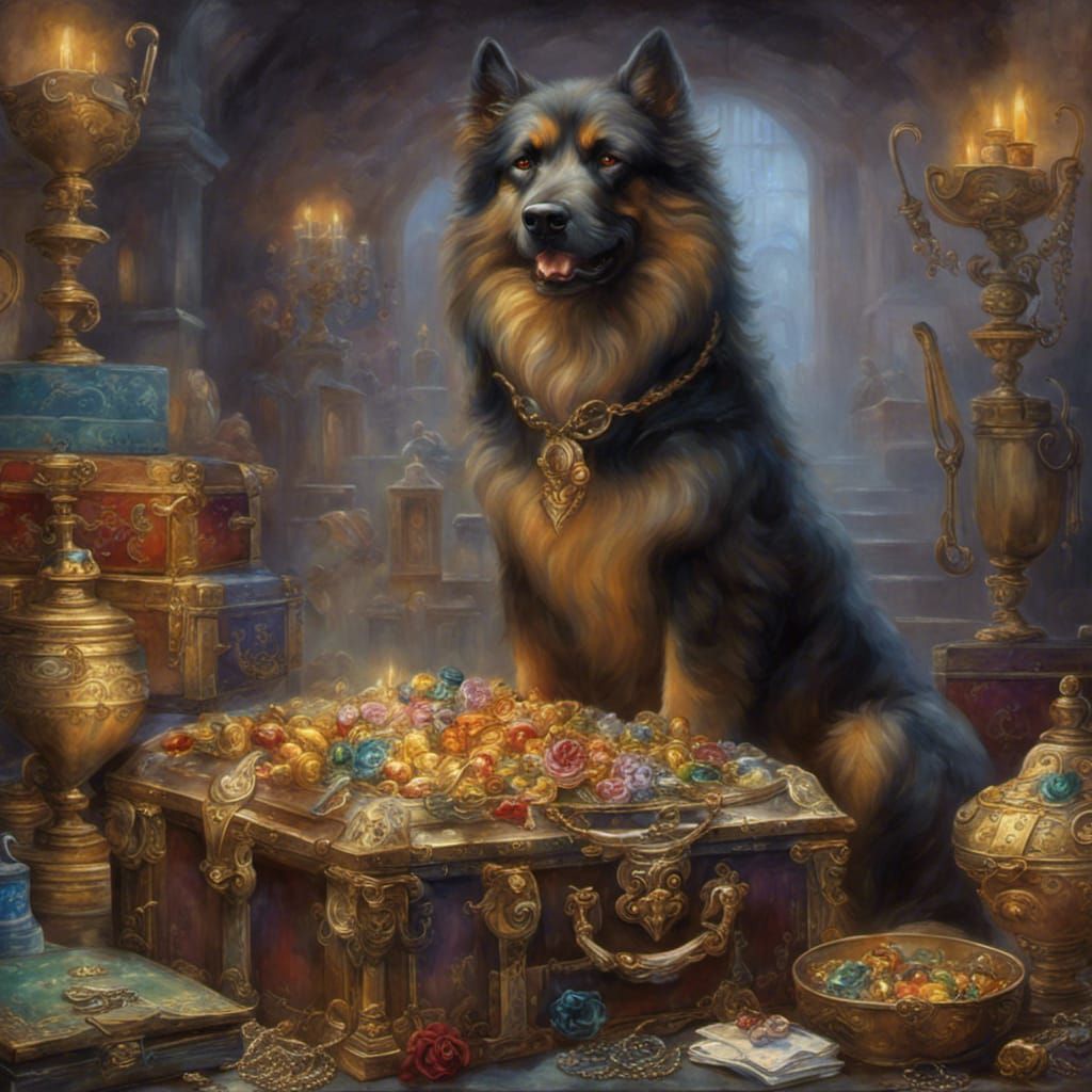 Cerberus Guarding Treasure in Ethereal Fantasy Style