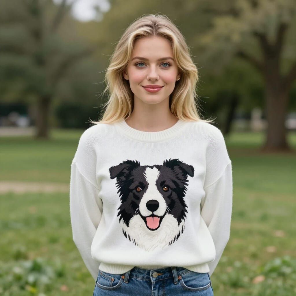 Woman in Park with Border Collie Sweater and Blonde Hair