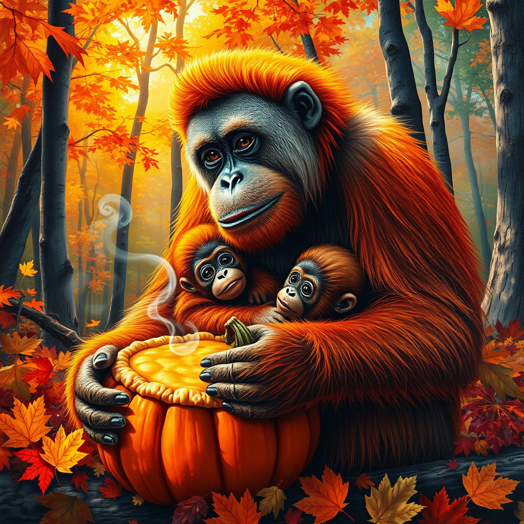 Orangutan Offers Pumpkin Pie in Autumn Forest