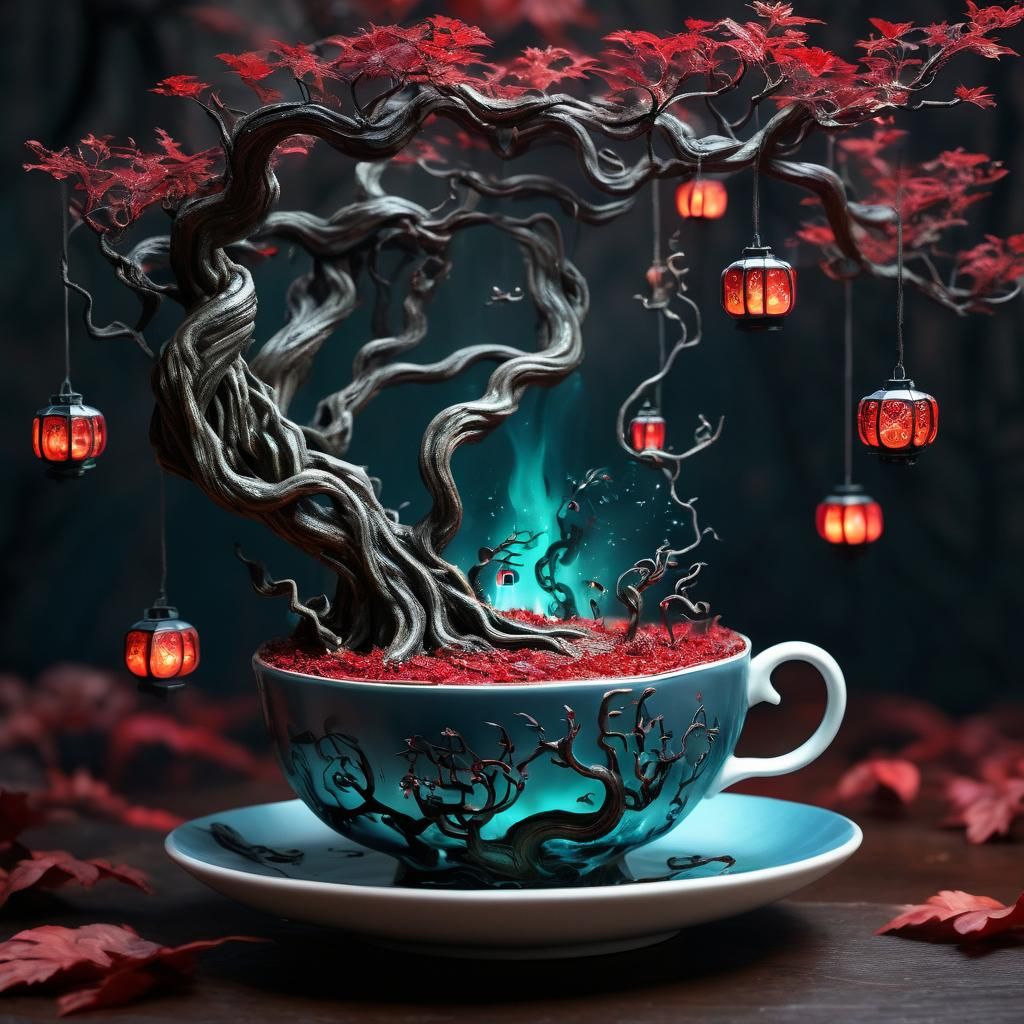 Eldritch Forest in Teacup with Crimson Lanterns
