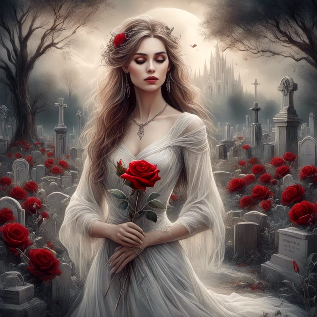 Woman at Graveside with Rose, Airbrush Art