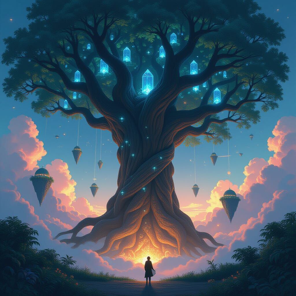 Cyberpunk Ancient Tree with Floating Islands