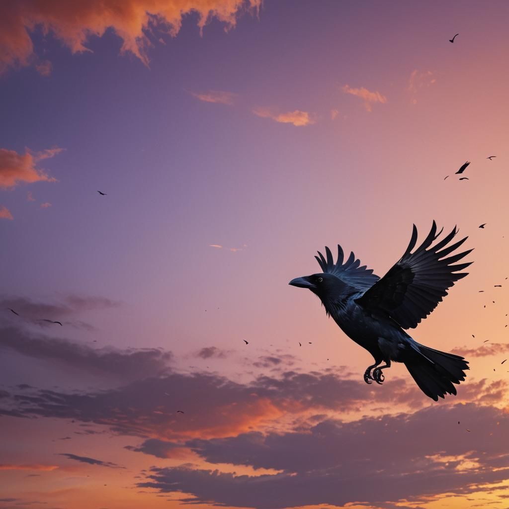 Crow in Flight at Sunset: Hyperrealistic Splash Art