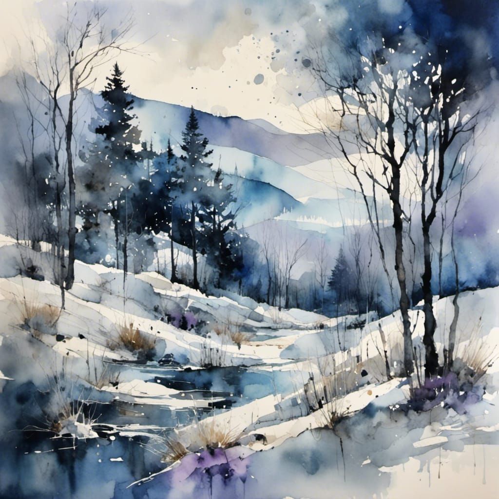 abstract winter in blues, grays with lavender : watercolor p...