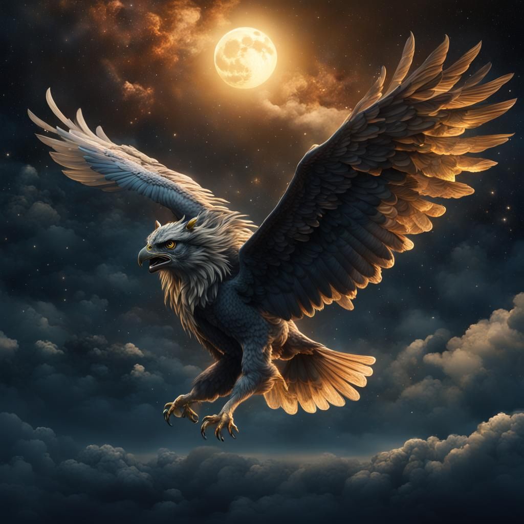 Gryphon Soaring Through Night Sky: Digital Matte Painting