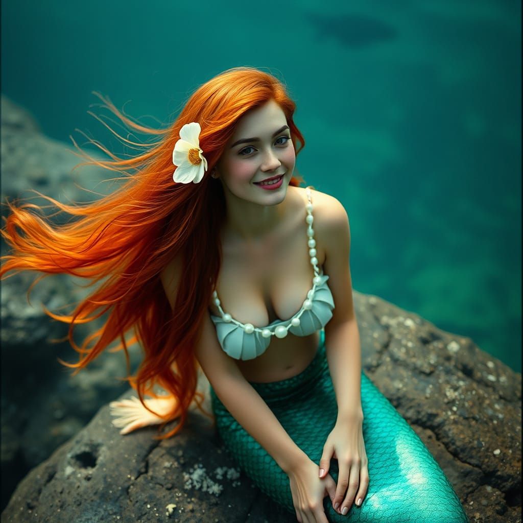 Serene Mermaid with Flowing Hair, Cinematic Film Still