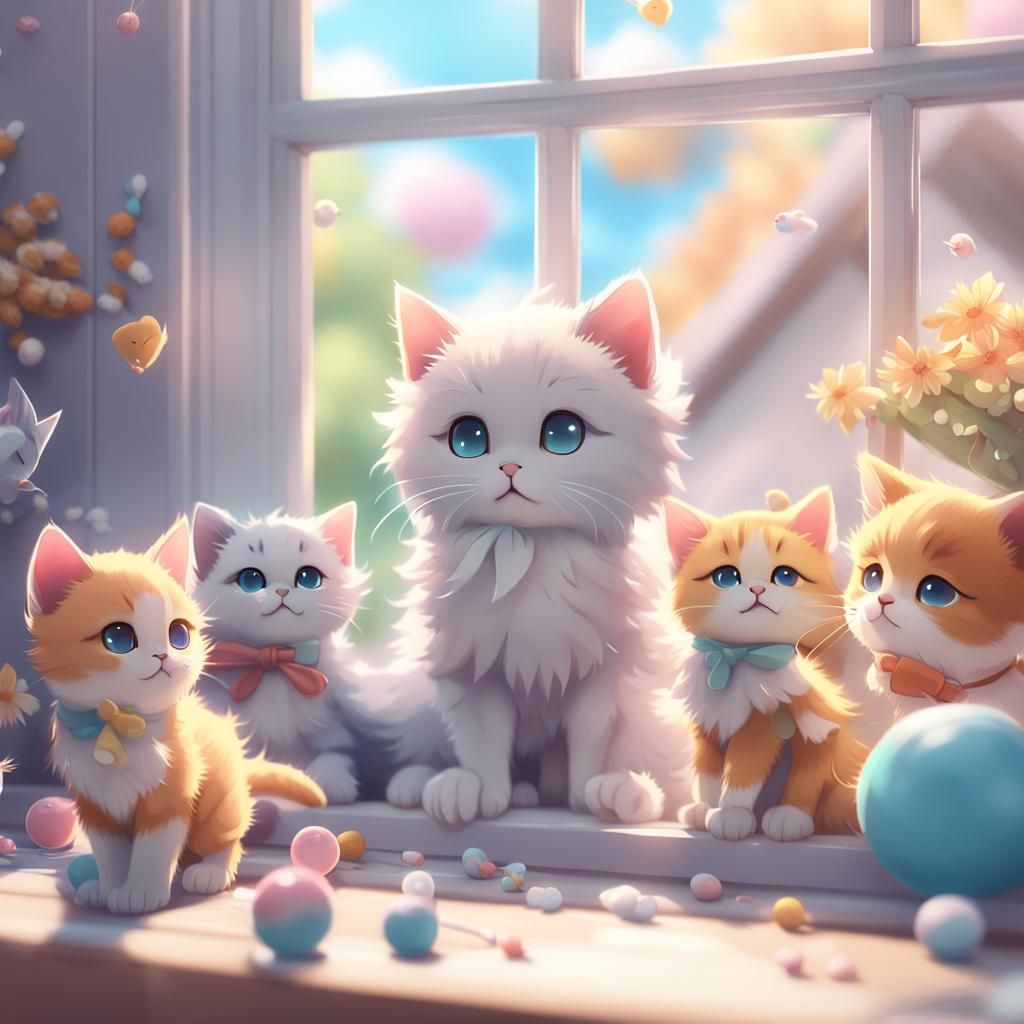 Kittens' Playful Feast: Vibrant 3D Anime Art