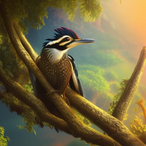 Gold Crested Woodpecker in Detailed Matte Painting