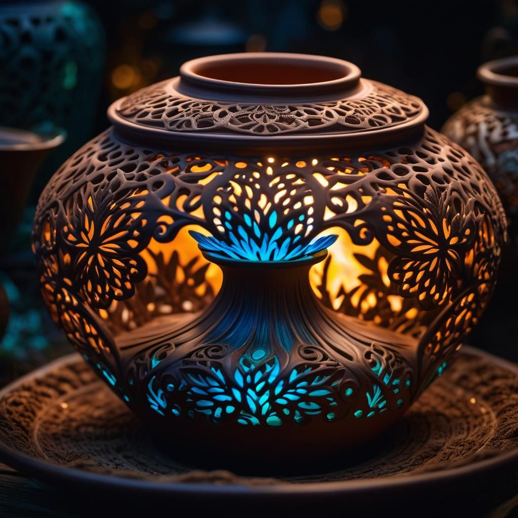 Enchanted Clay Pottery with Glowing Filigree
