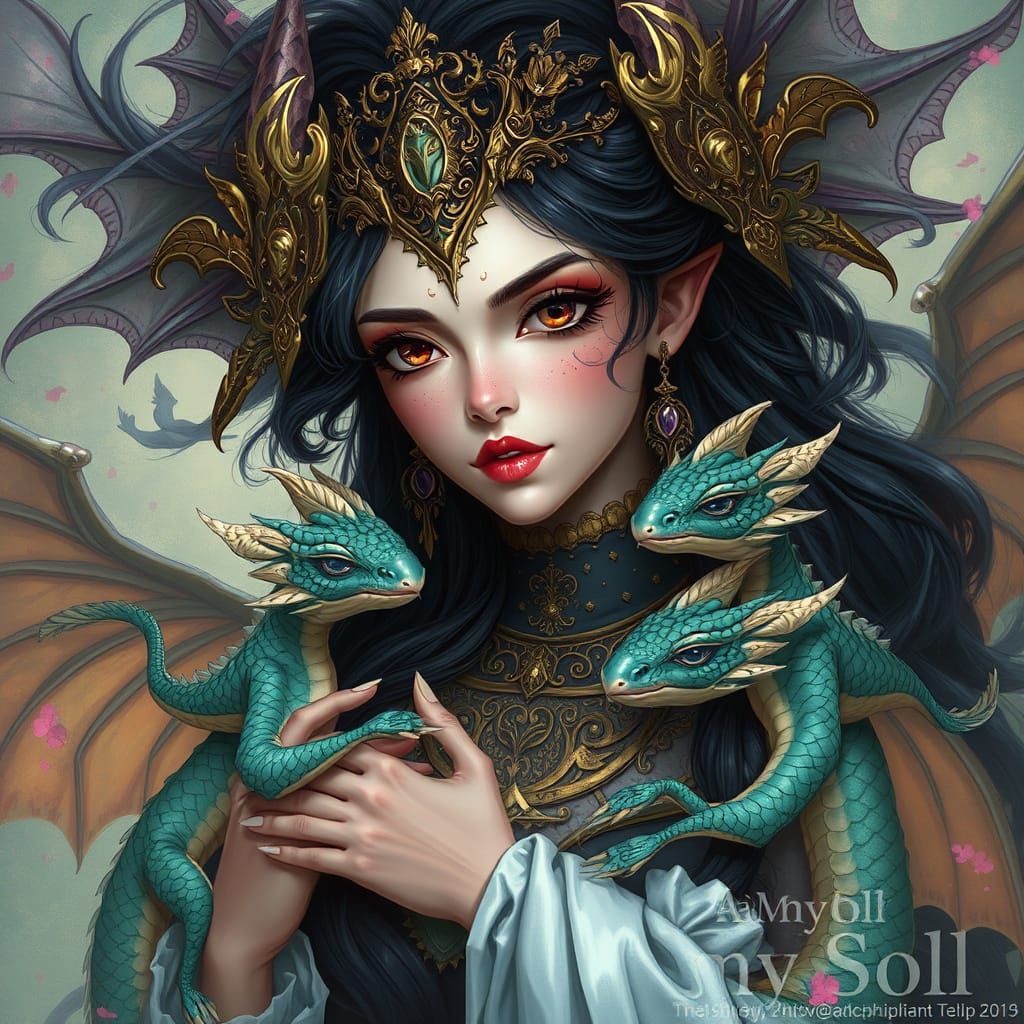 Dragon Queen with Scale-Glistening Dragon Babies