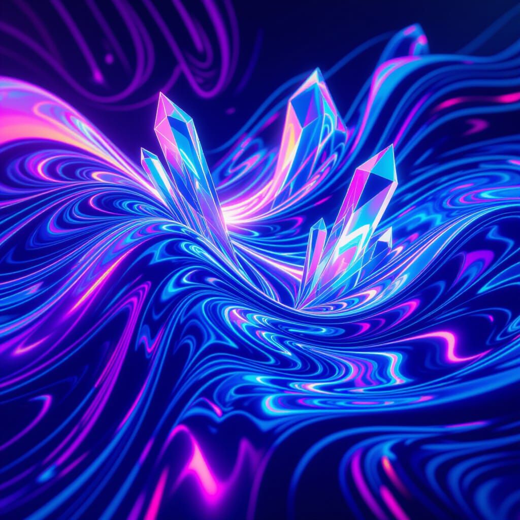 Abstract Neon Waves with Crystalline Shards