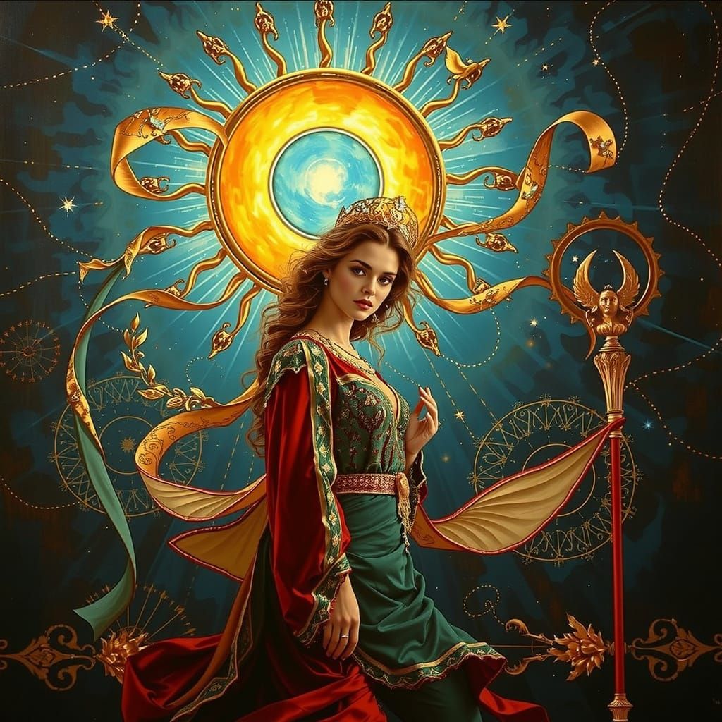 Celestial Divine Feminine in Regal Teal, Red, and Gold