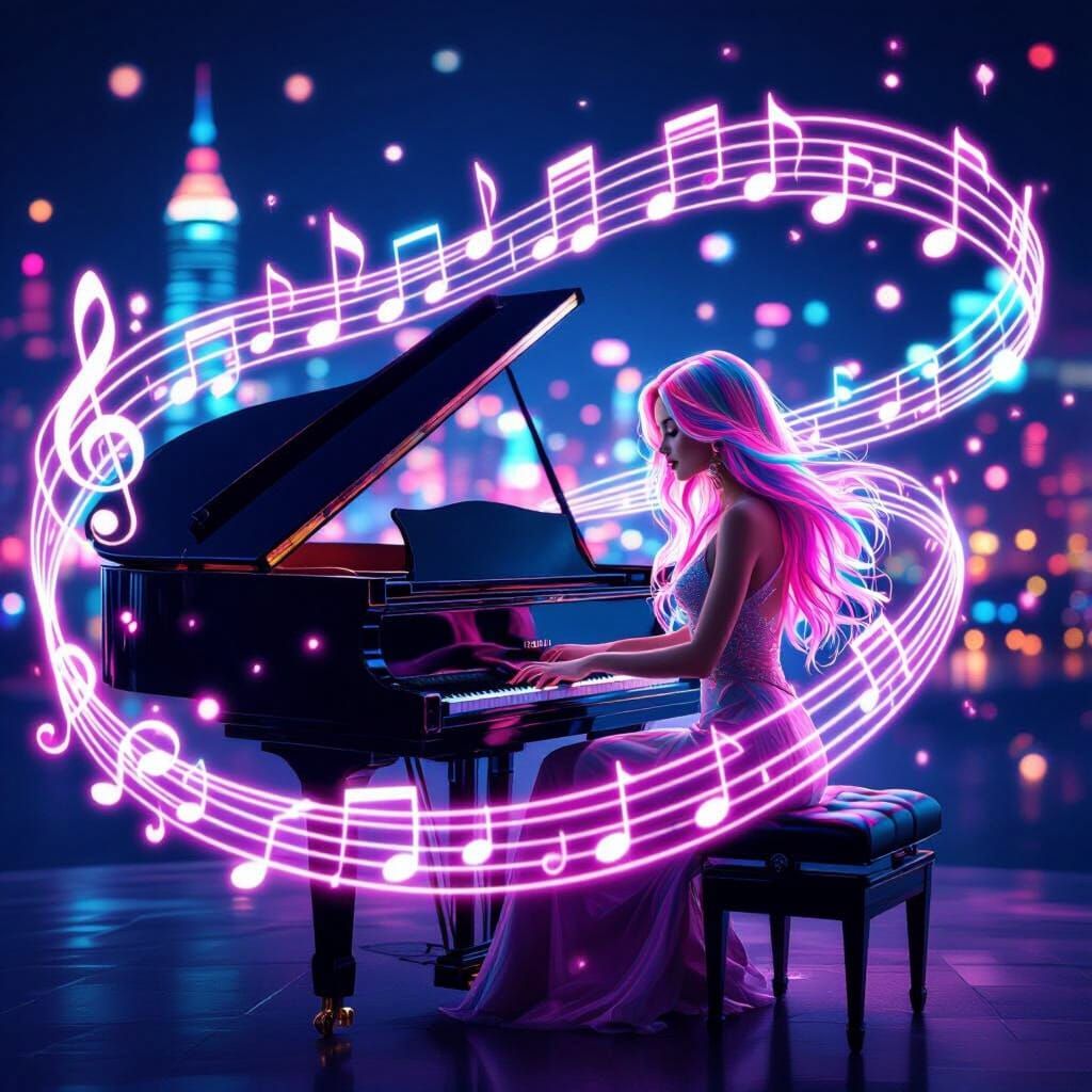 Woman with Neon Hair Plays Floating Piano in Cityscape