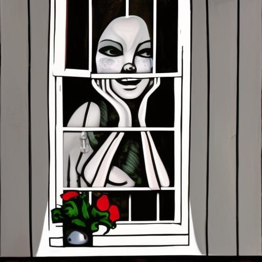 Sinister Woman in Window: Dark Oil Painting