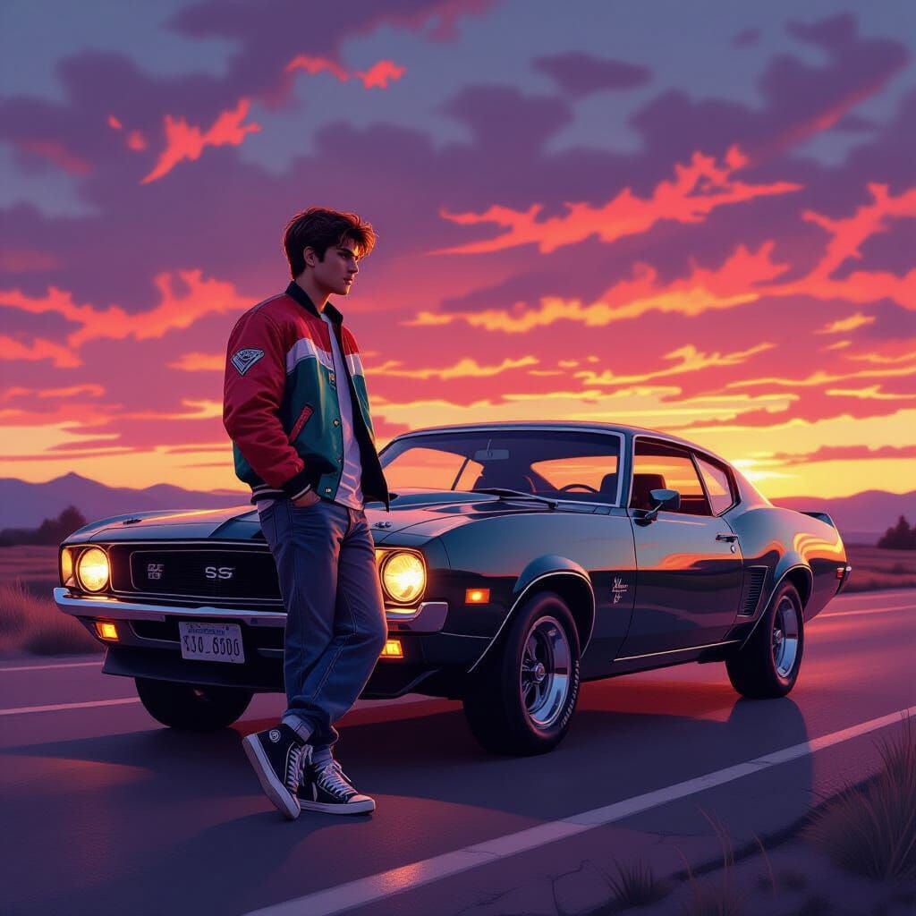 1980s Young Man Leaning on Muscle Car at Sunset