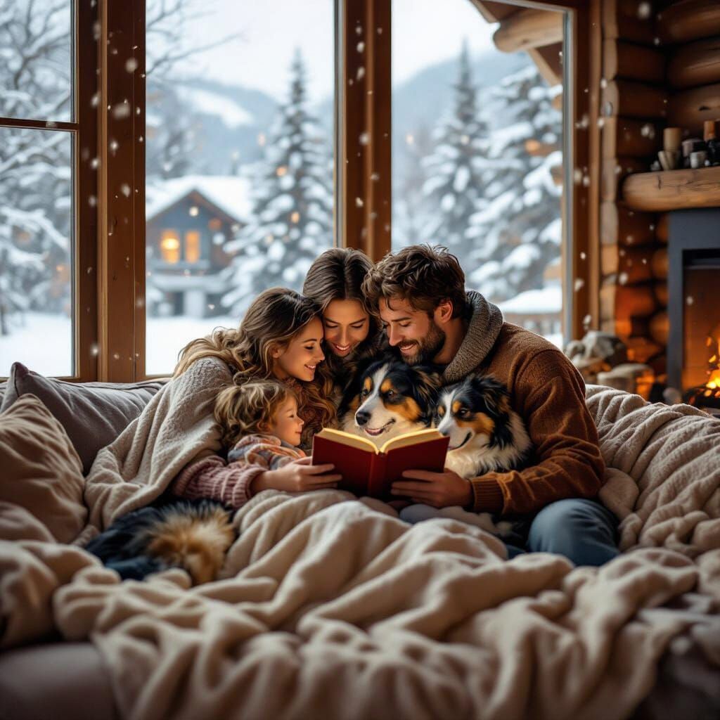 Cozy Family Reading by Fireplace in Snowy Cabin