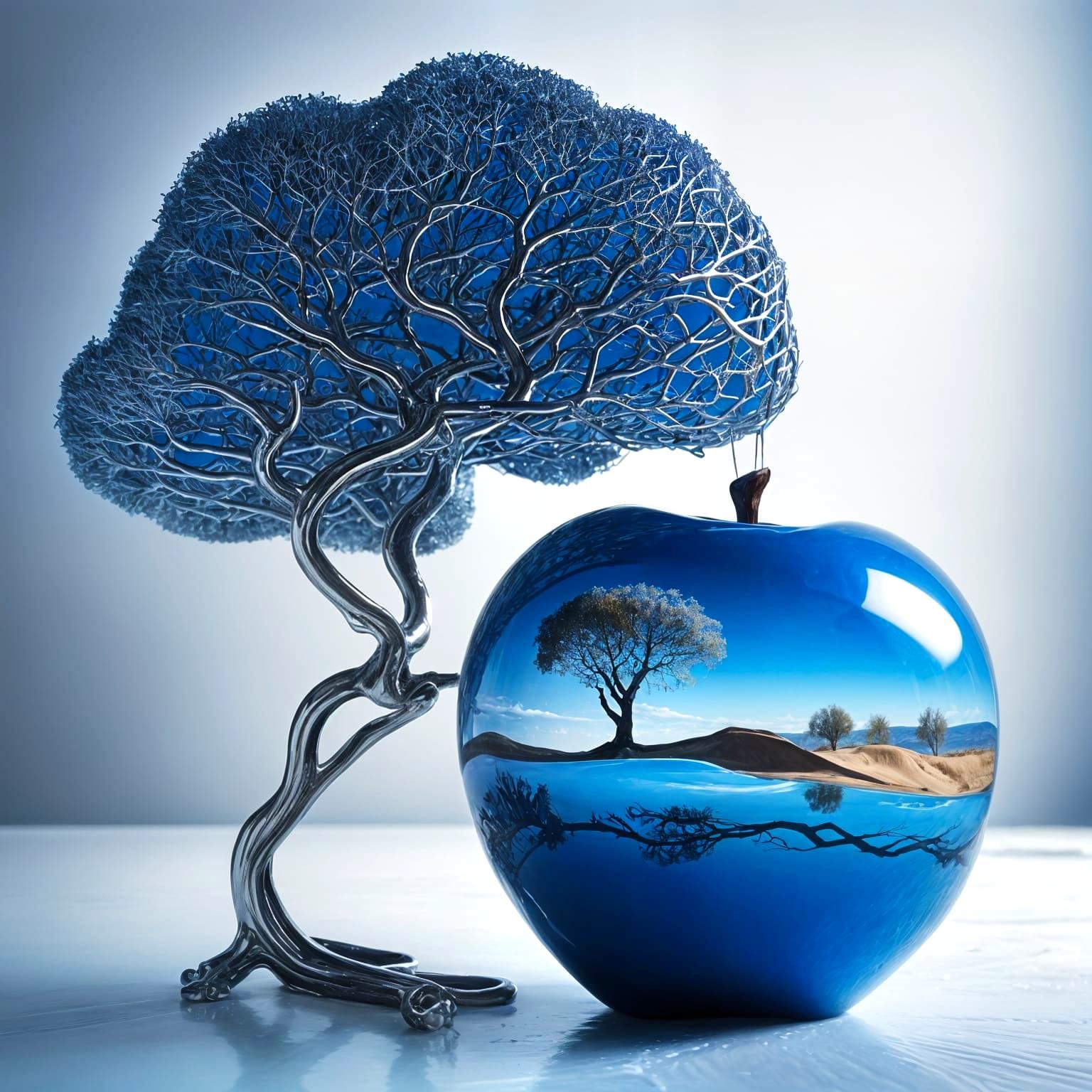 Surreal Blue Apple Reflects Azure Desert Landscape