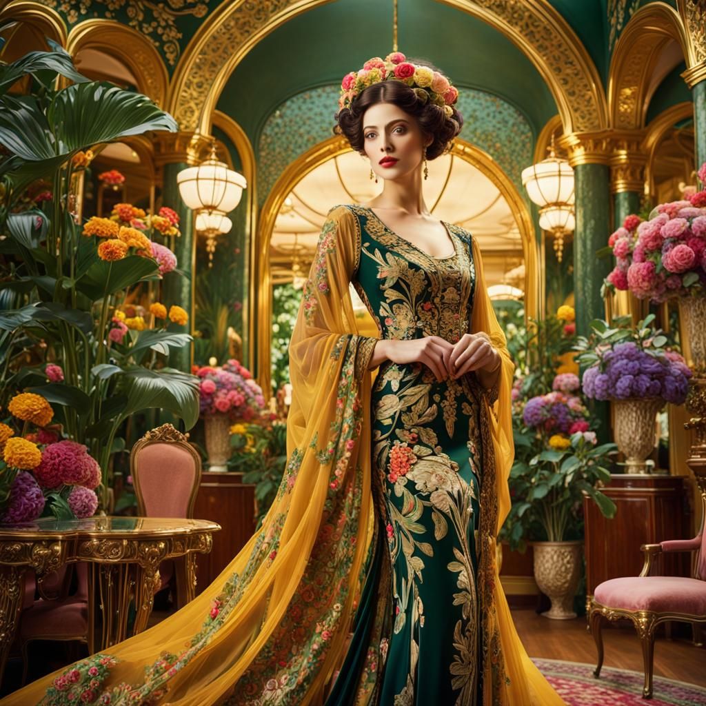 Elegant Lady in Lavish Saloon: Art Nouveau Style