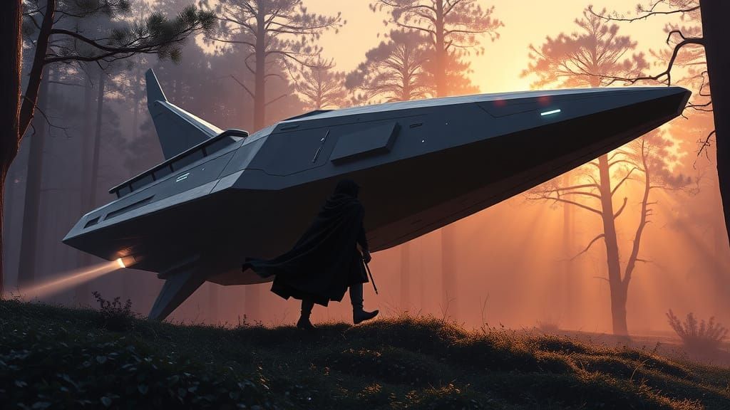 Majestic Starship Lands in Serene Glade with Eerie Ambiance