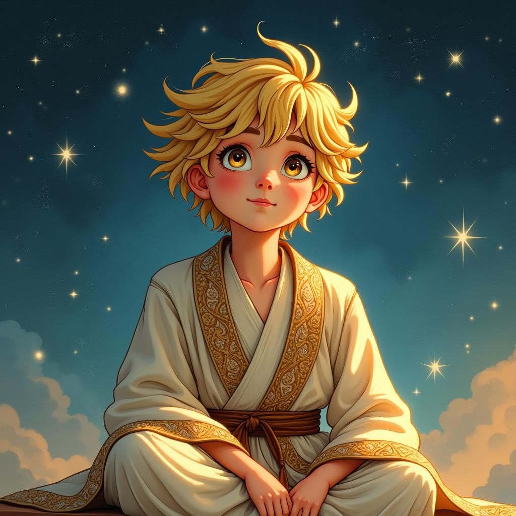 Boy Contemplates Stars in Bande Dessinées Style