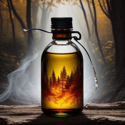 A glass bottle containing an amber liquid with wisps of spar...
