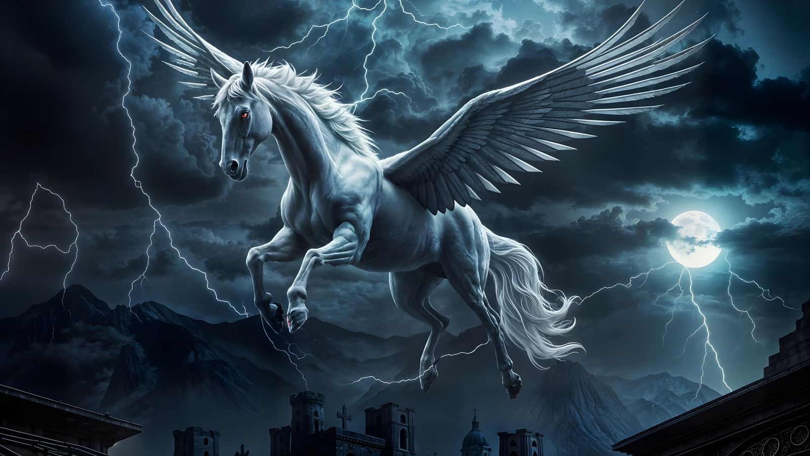 Mystical Pegasus Soars Through Dark Fantasy Storm