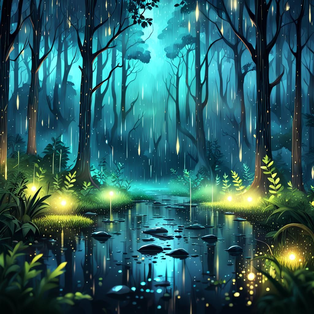 Sparkling Rain in a Vibrant Forest