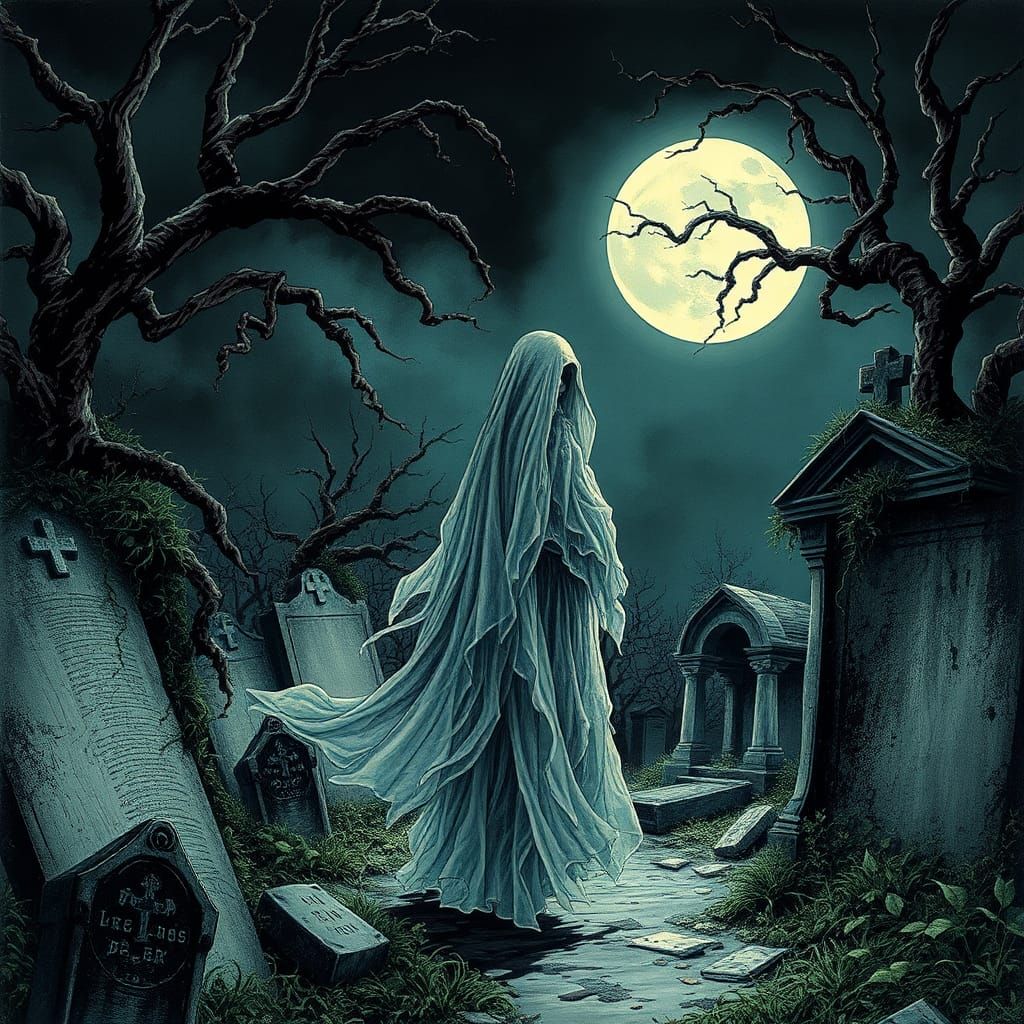 Ethereal Specter in Forsaken Cemetery, Mystical Illustration