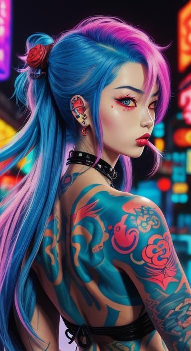 Cyberpunk Manga Courtesan in Neon Lights